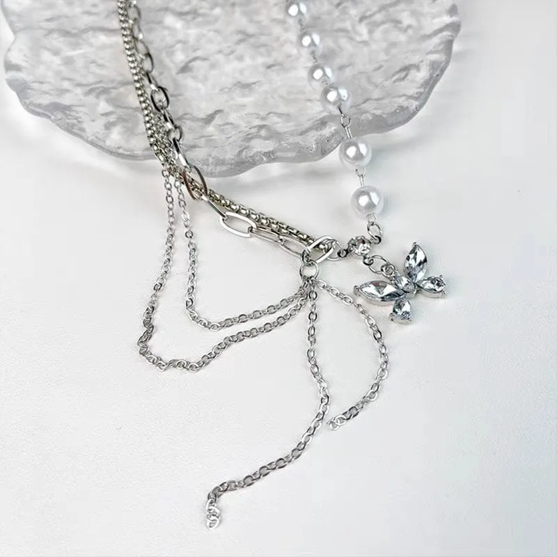 Chic Layered Crystal Butterfly Pearl Chain Necklace