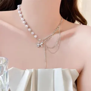 Chic Layered Crystal Butterfly Pearl Chain Necklace