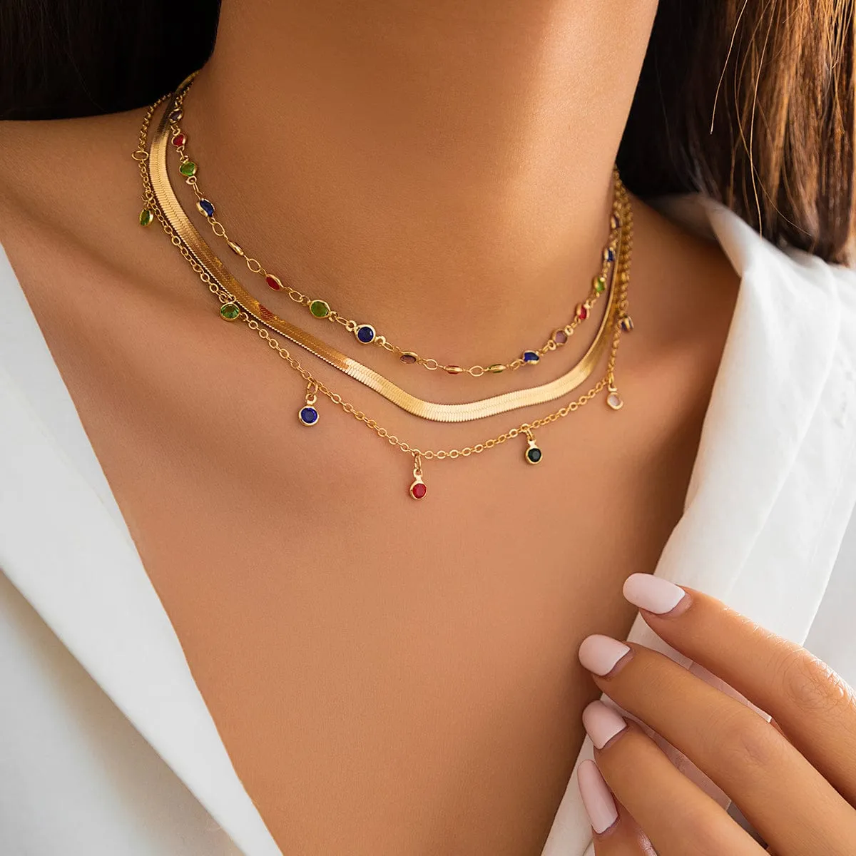 Chic Layered Crystal Tassel Herringbone Chain Necklace Set