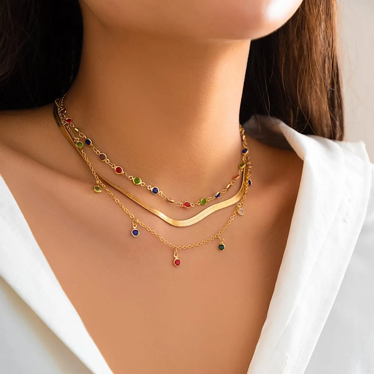 Chic Layered Crystal Tassel Herringbone Chain Necklace Set