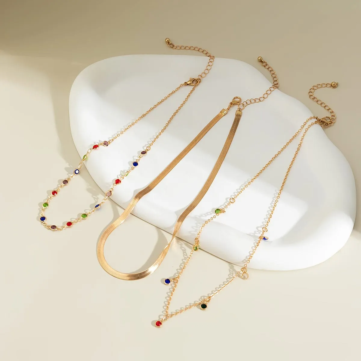 Chic Layered Crystal Tassel Herringbone Chain Necklace Set