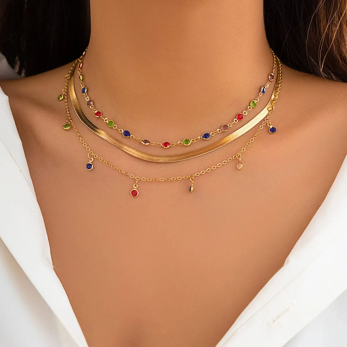 Chic Layered Crystal Tassel Herringbone Chain Necklace Set