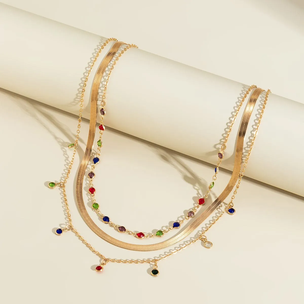 Chic Layered Crystal Tassel Herringbone Chain Necklace Set