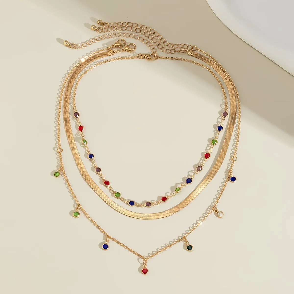 Chic Layered Crystal Tassel Herringbone Chain Necklace Set
