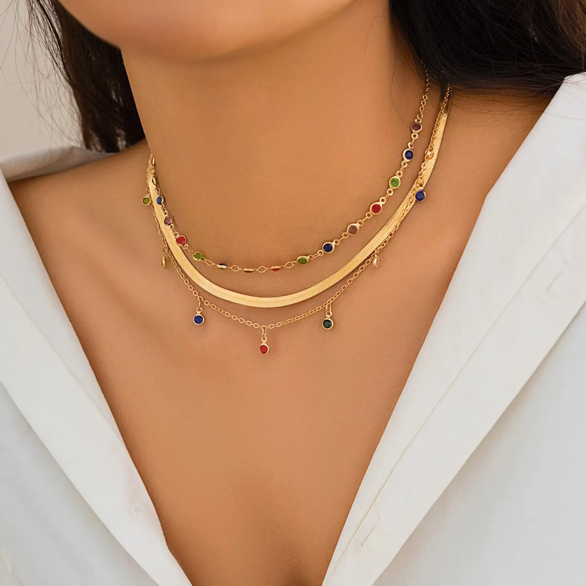 Chic Layered Crystal Tassel Herringbone Chain Necklace Set