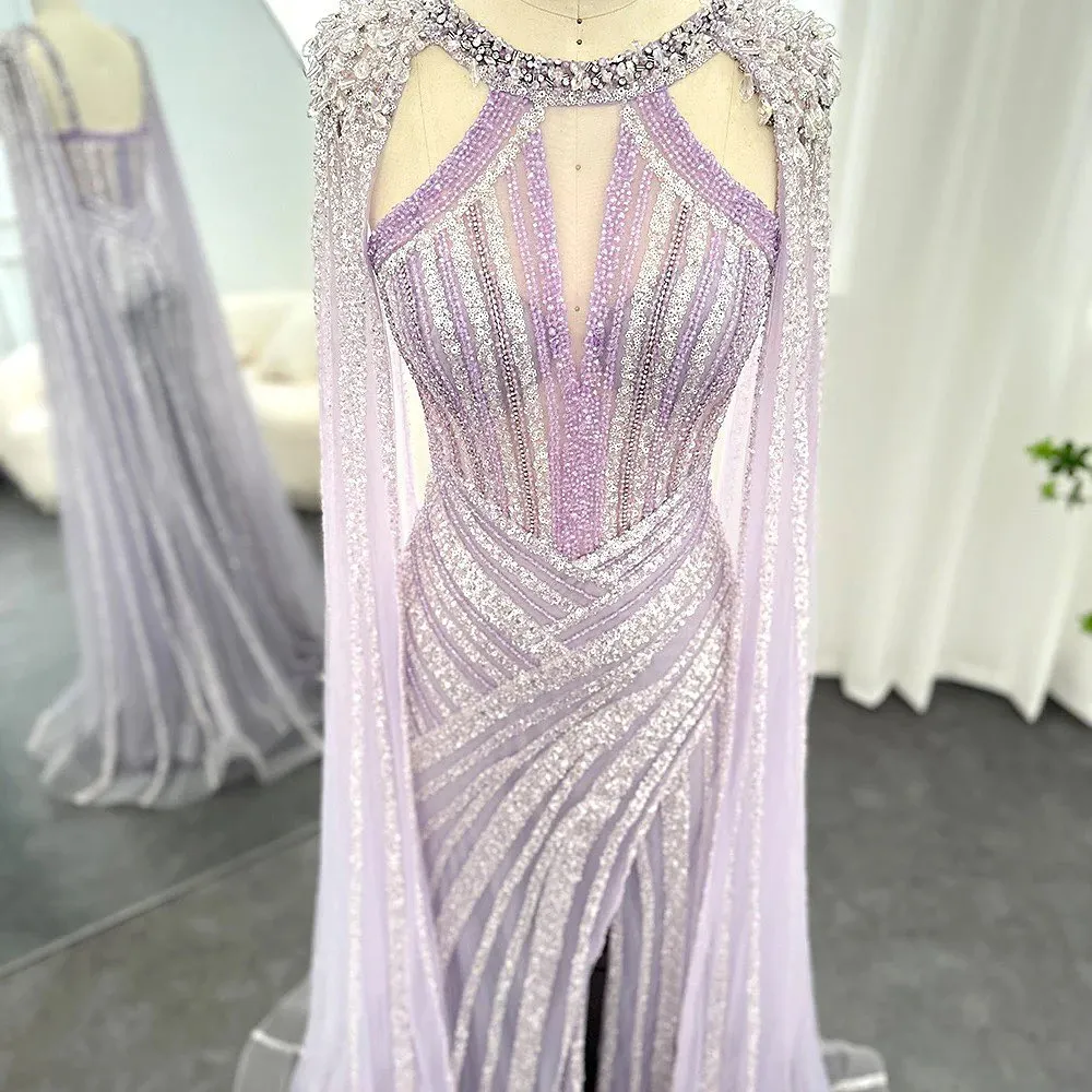 Chic Lilac Scoop Mermaid Evening Dress Split With Beadings Ruffle