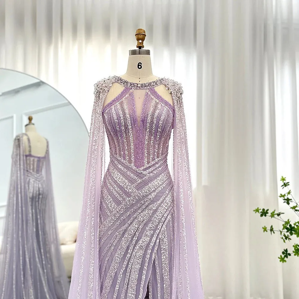 Chic Lilac Scoop Mermaid Evening Dress Split With Beadings Ruffle