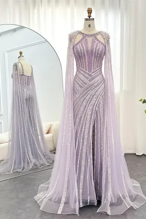 Chic Lilac Scoop Mermaid Evening Dress Split With Beadings Ruffle