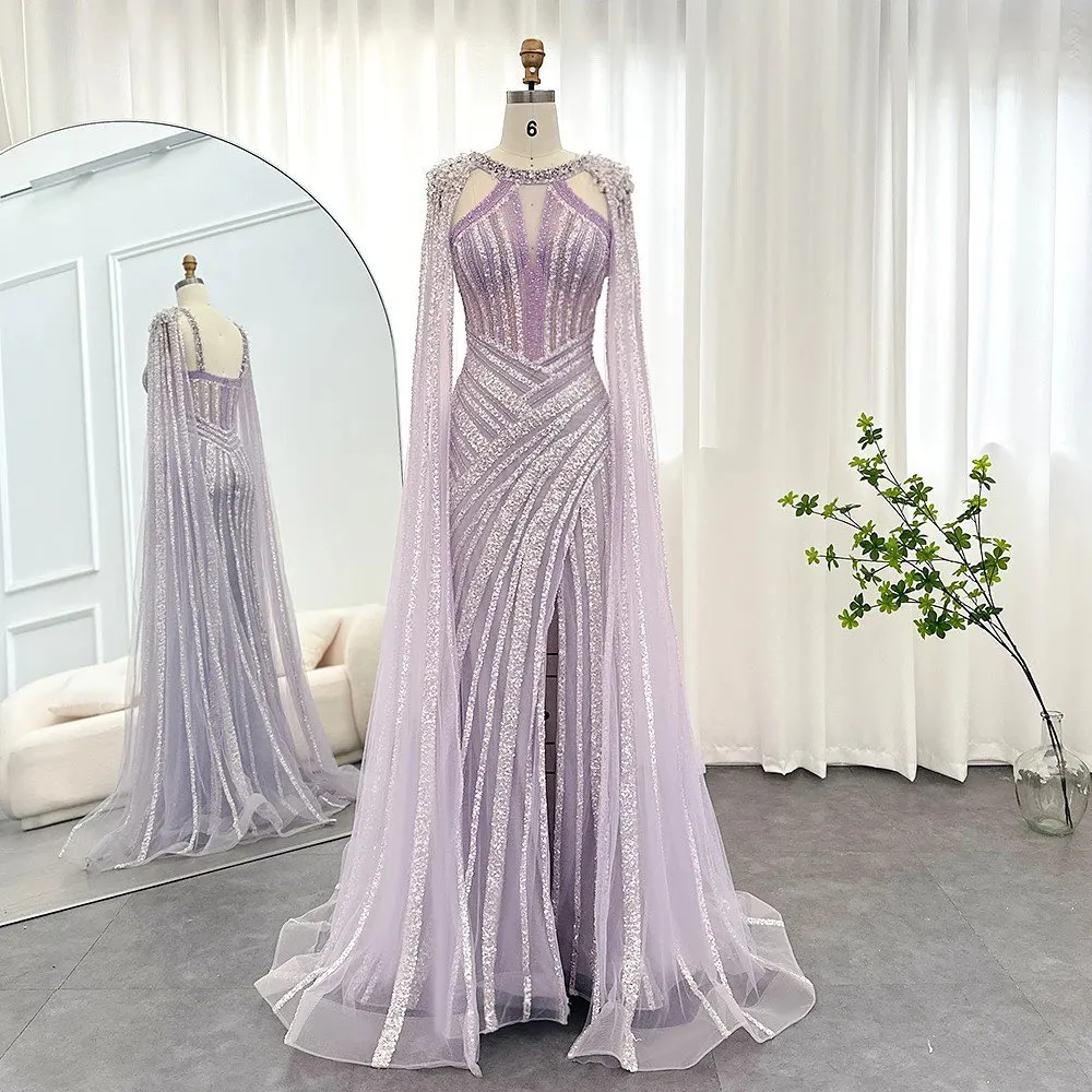 Chic Lilac Scoop Mermaid Evening Dress Split With Beadings Ruffle