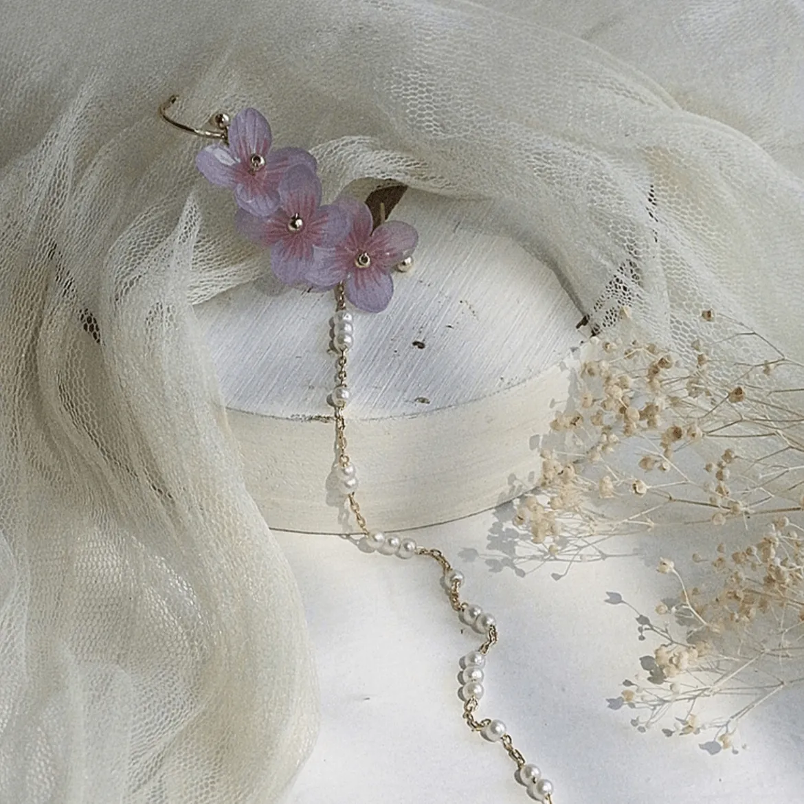 Chic Peach Blossom Flower Pearl Long Chain Ear Clip Earring