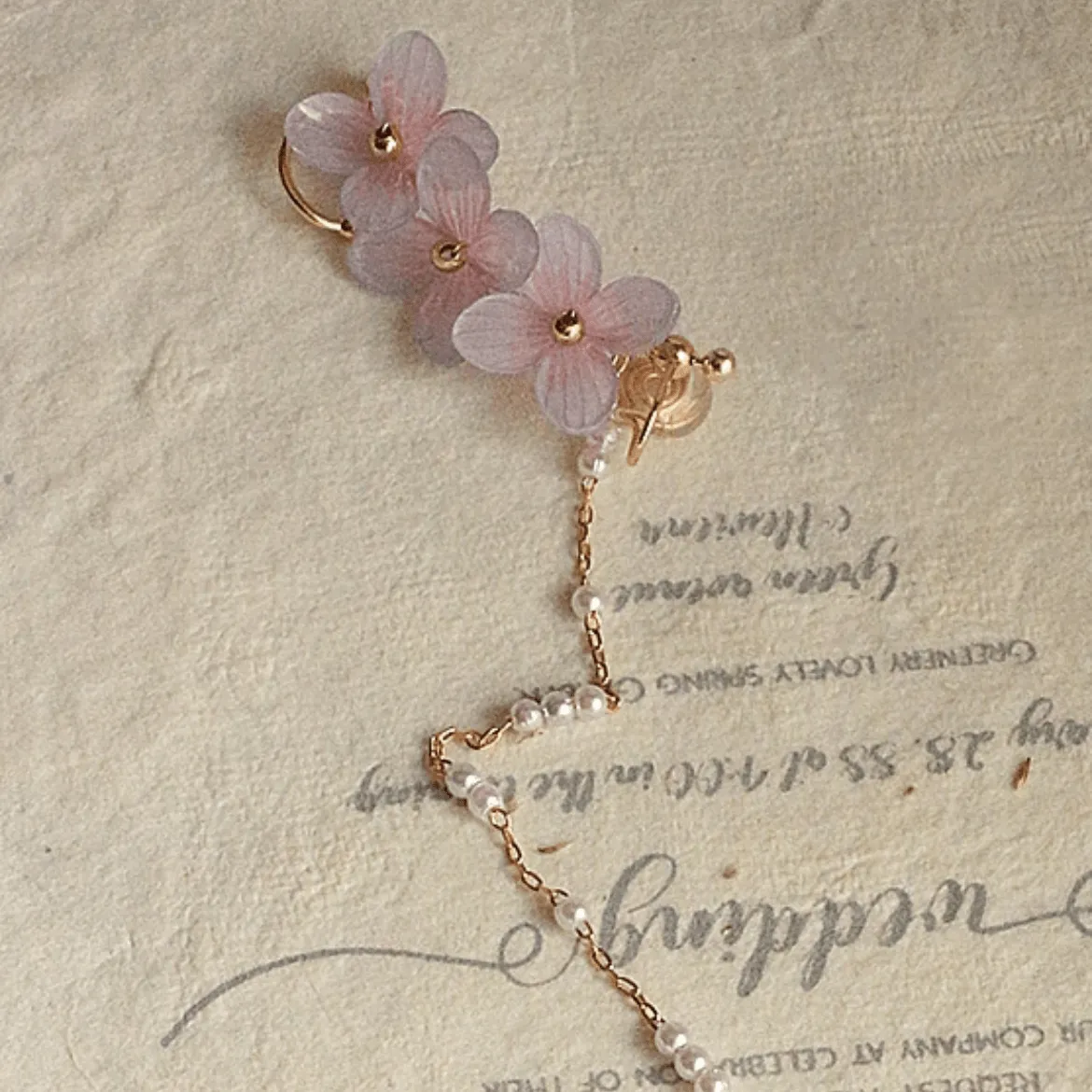 Chic Peach Blossom Flower Pearl Long Chain Ear Clip Earring