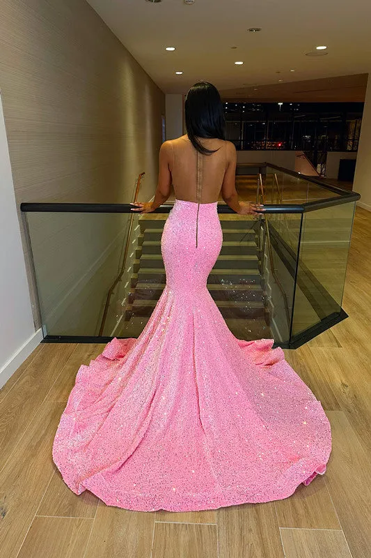 Chic Sleeveless Mermaid Sequins Prom Dresses With Ruffles Long