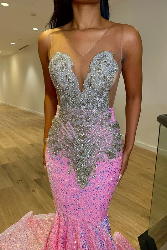 Chic Sleeveless Mermaid Sequins Prom Dresses With Ruffles Long