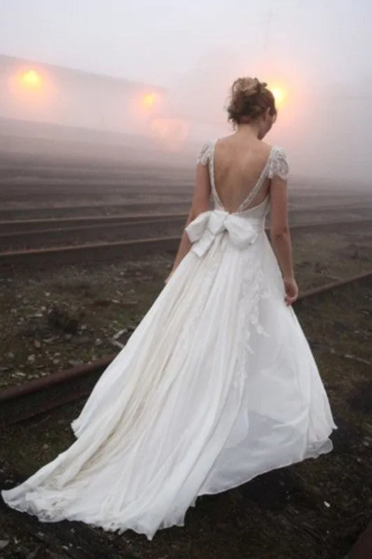 Chiffon A Line Sleeveless V neck Floor Length Lace Wedding Dresses