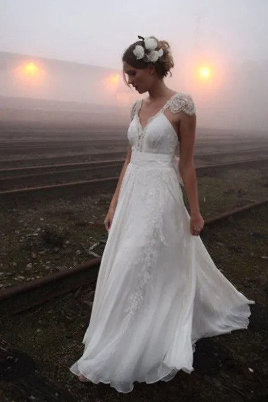 Chiffon A Line Sleeveless V neck Floor Length Lace Wedding Dresses