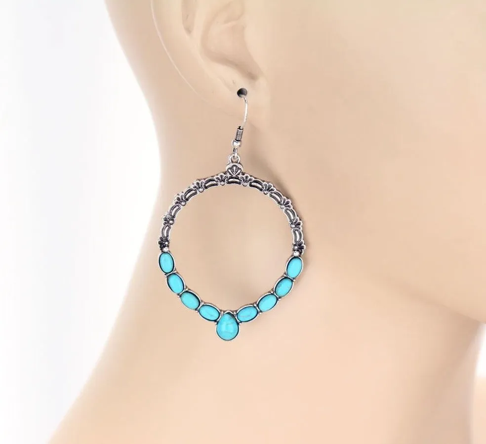 Chloe Fashion Turquoise Silver Hoop Earrings