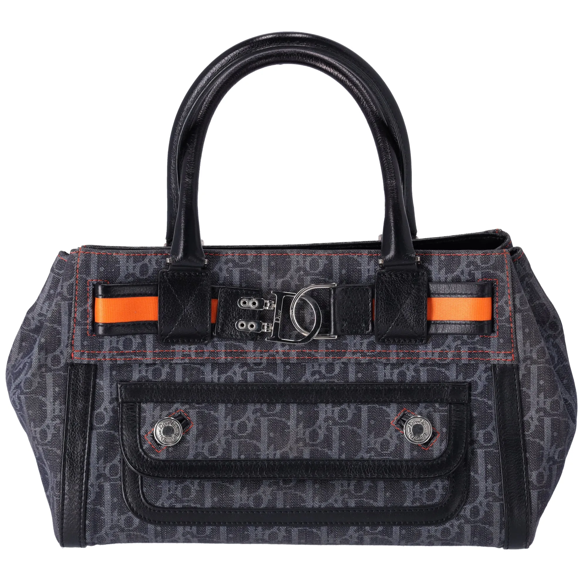 Christian Dior Flight Handbag Dark Gray Orange Multi Denim Leather
