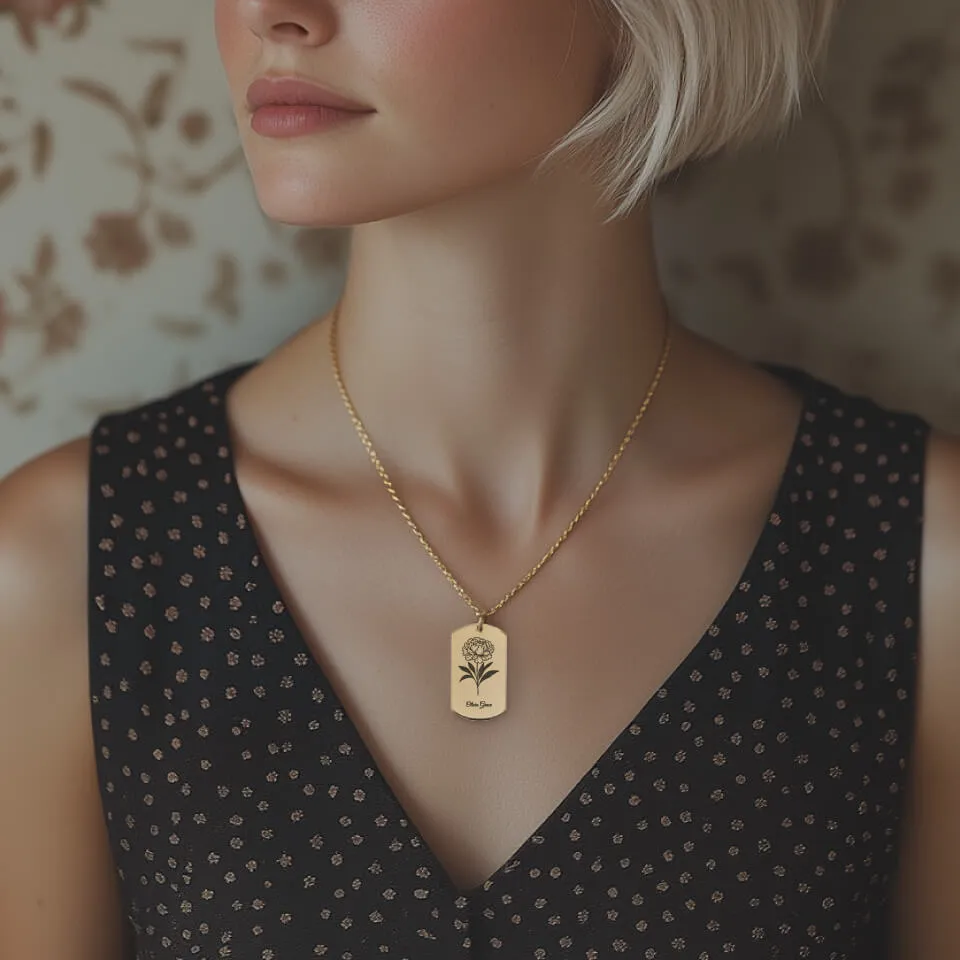Chrysanthemum Birth Flower Tag Pendant on Fine Chain