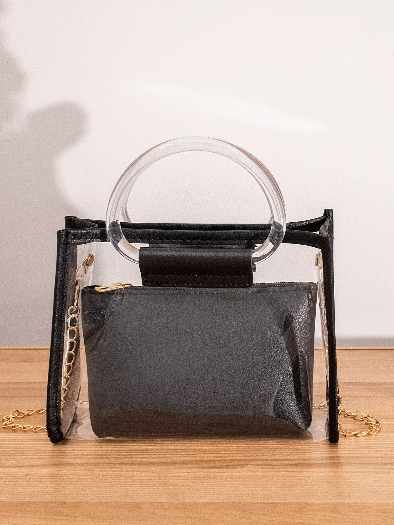 Clear Chain Satchel Bag With Inner Pouch - Black