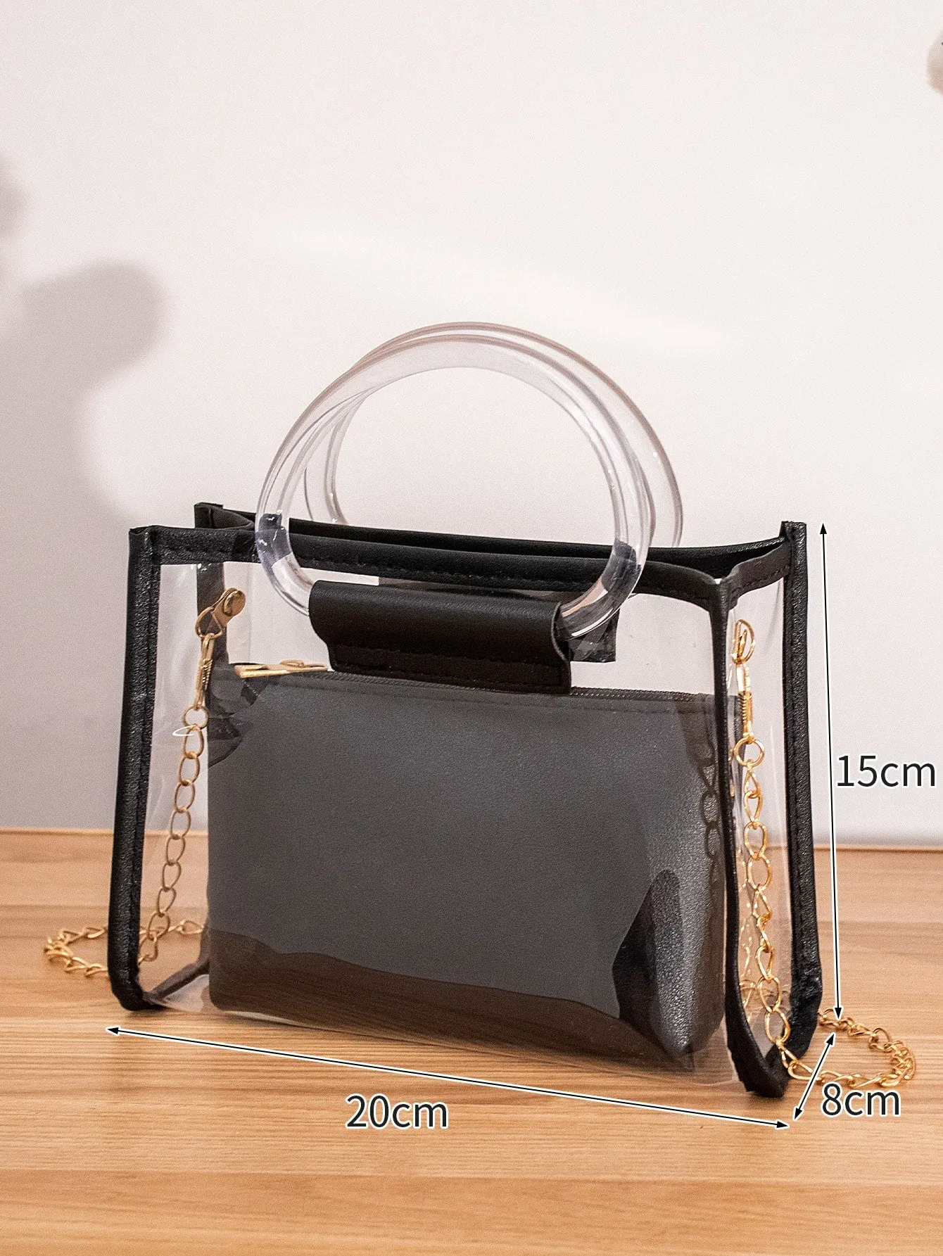 Clear Chain Satchel Bag With Inner Pouch - Black