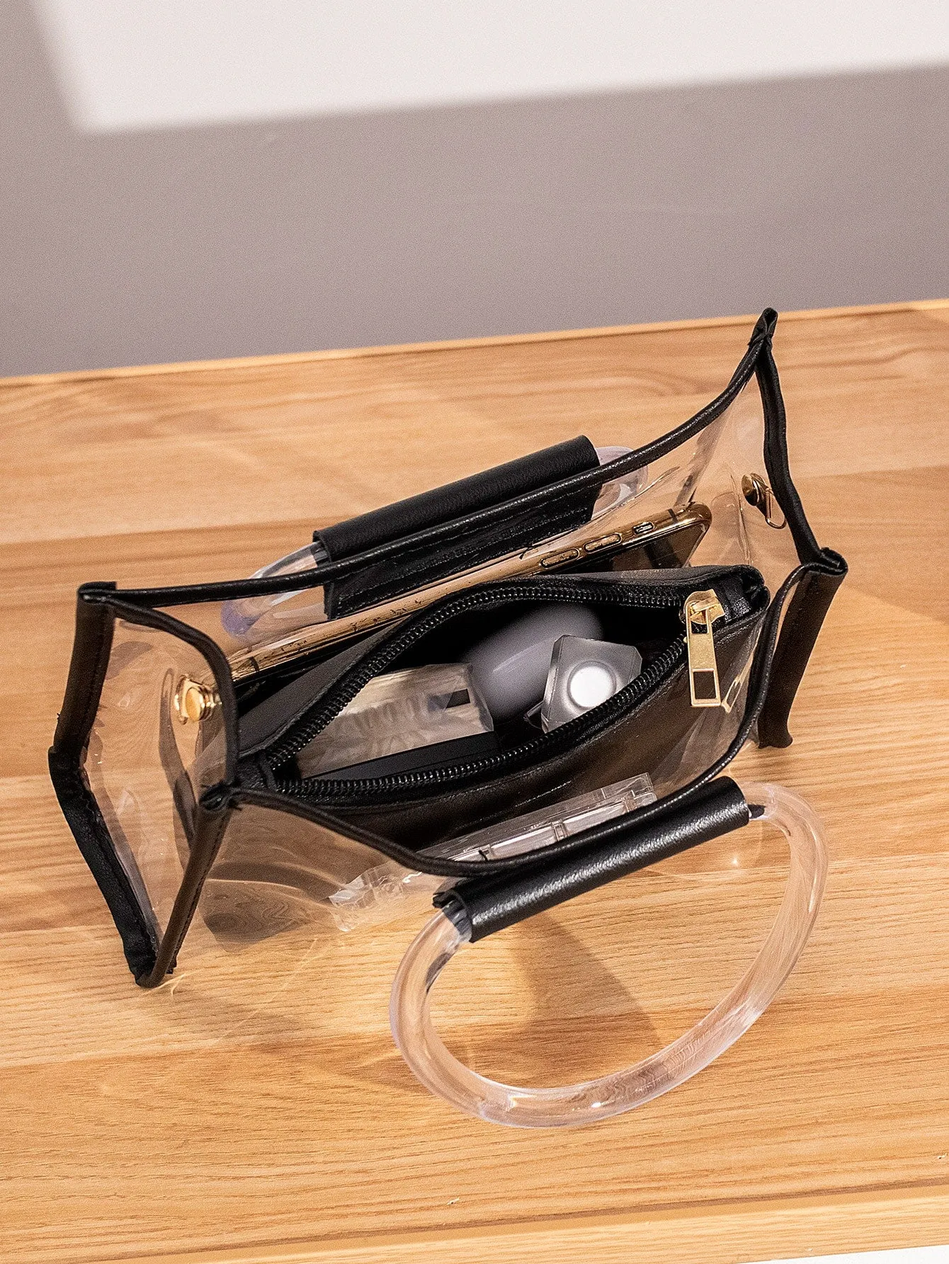 Clear Chain Satchel Bag With Inner Pouch - Black