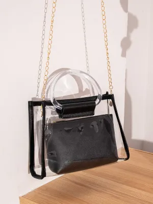 Clear Chain Satchel Bag With Inner Pouch - Black