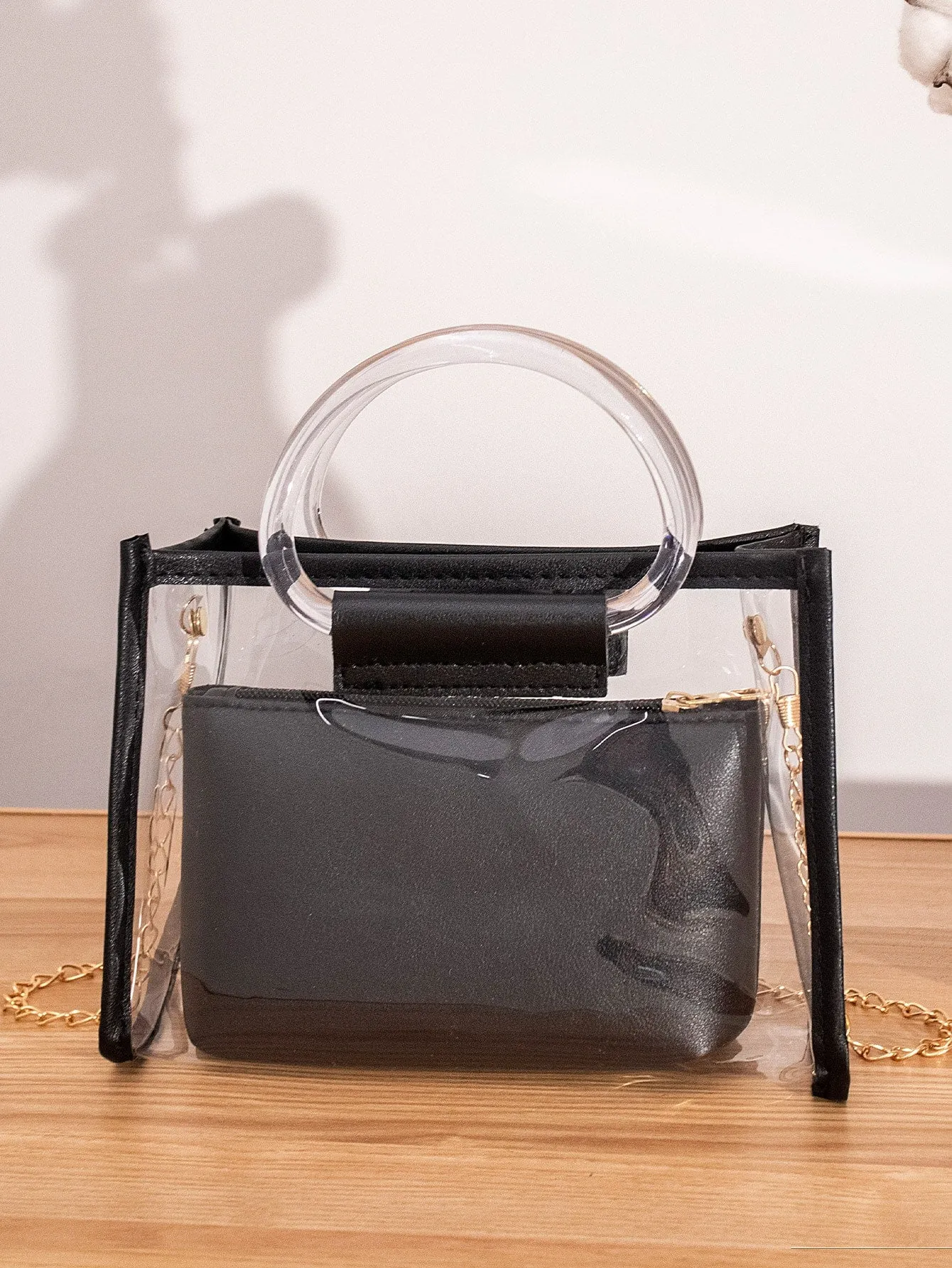 Clear Chain Satchel Bag With Inner Pouch - Black
