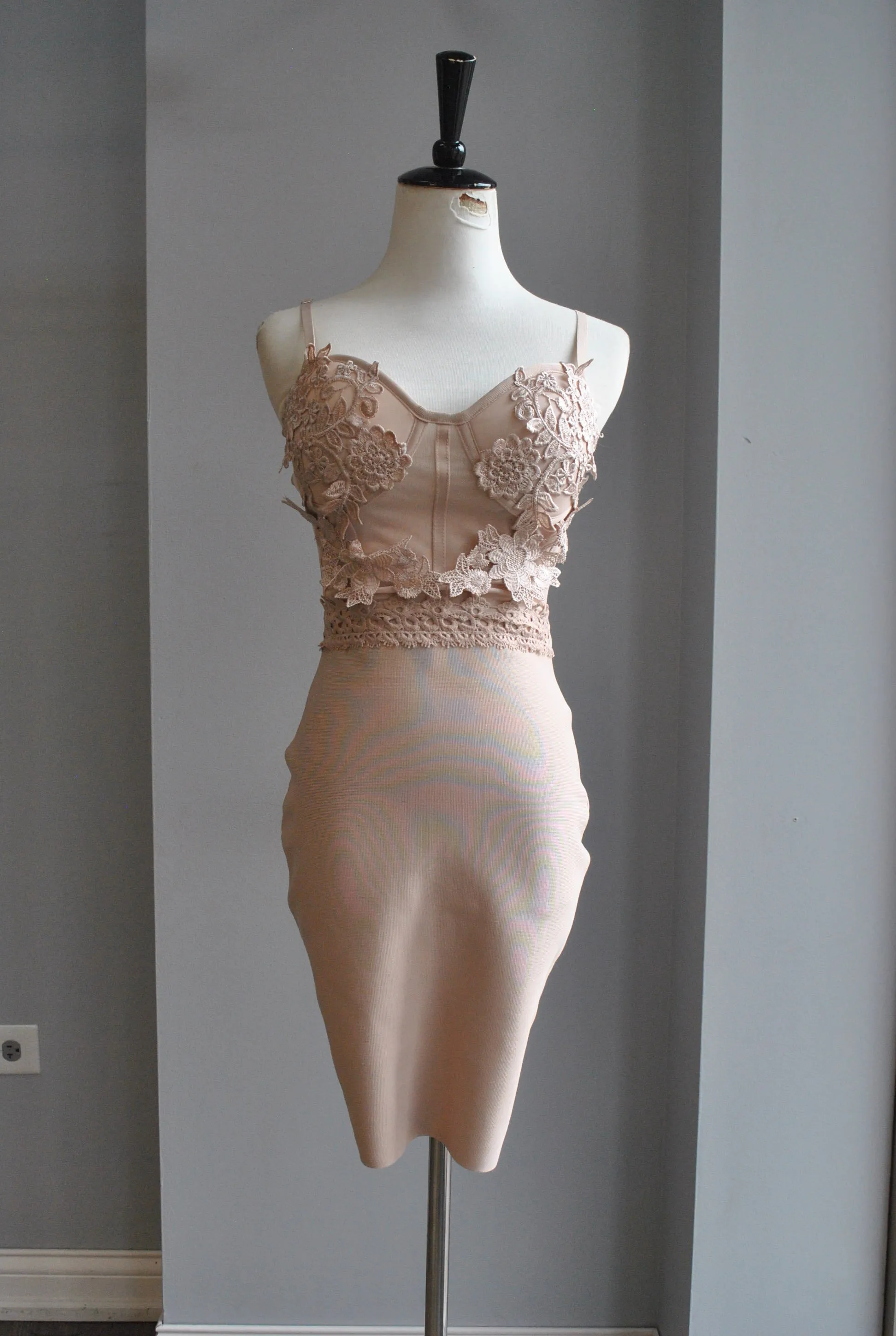 CLEARANCE - BEIGE BANDAGE MINI PARTY DRESS WITH LACE TOP