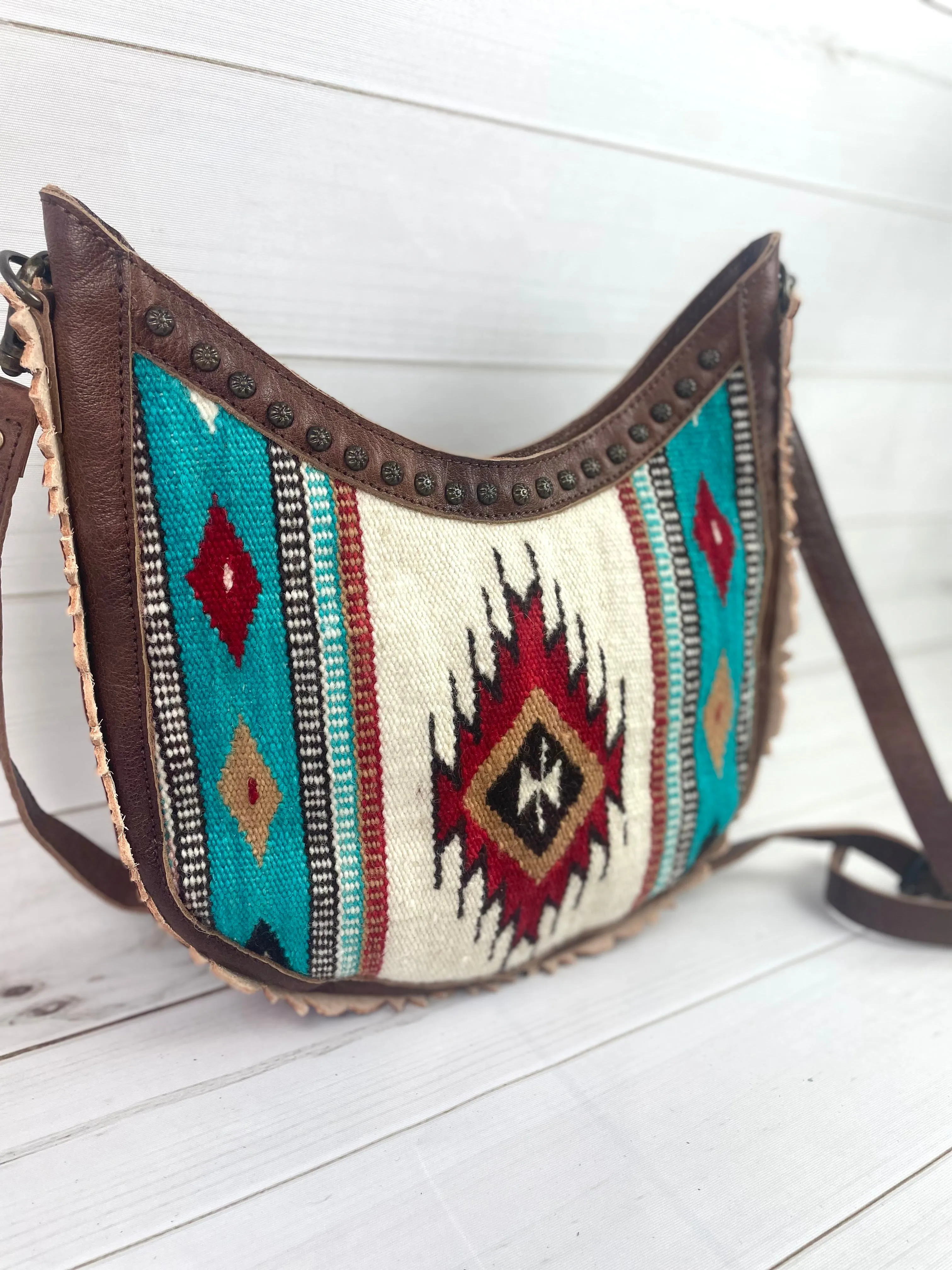 CLEARANCE! Wool Leather Sunflower Border Hobo Crossbody Bag