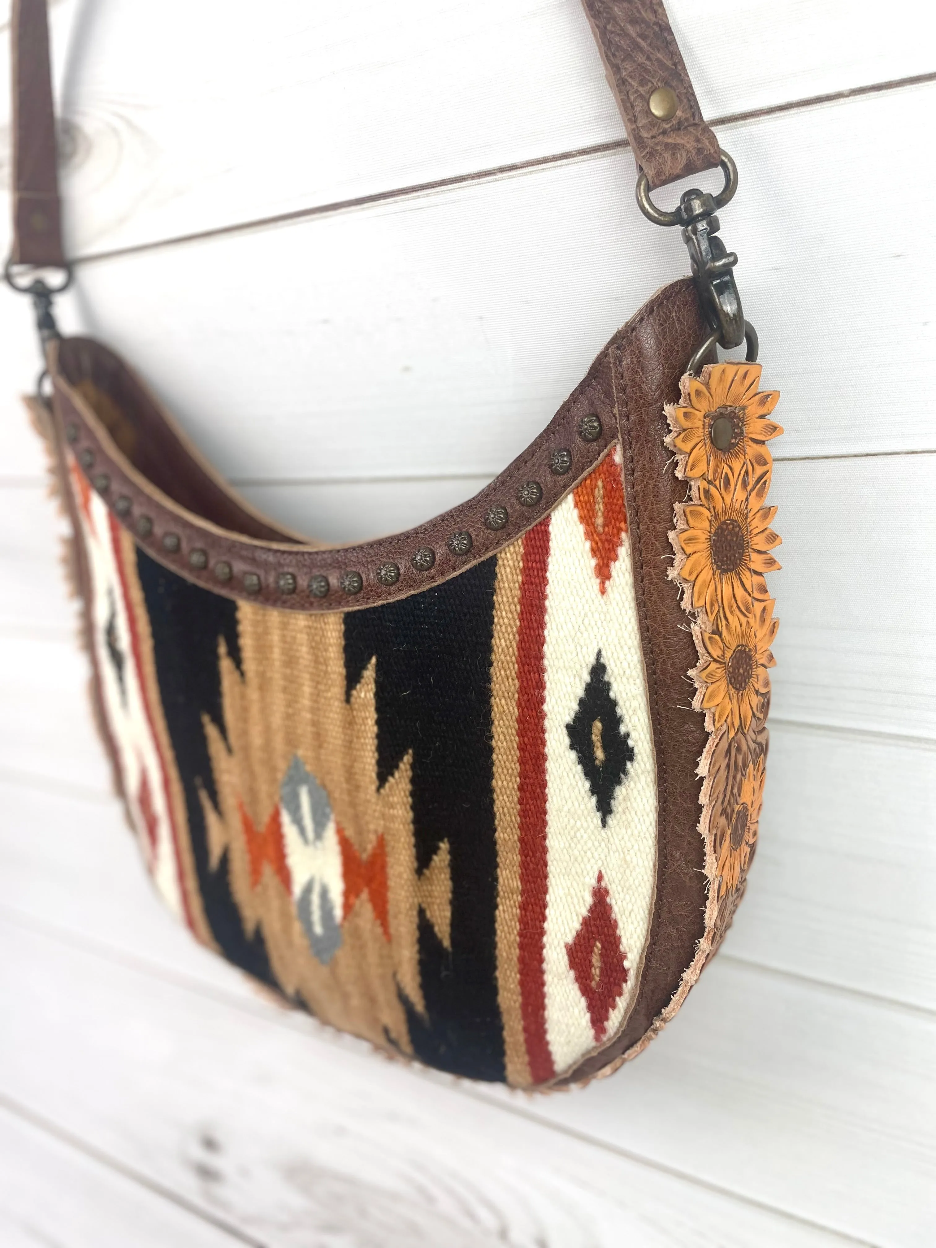 CLEARANCE! Wool Leather Sunflower Border Hobo Crossbody Bag