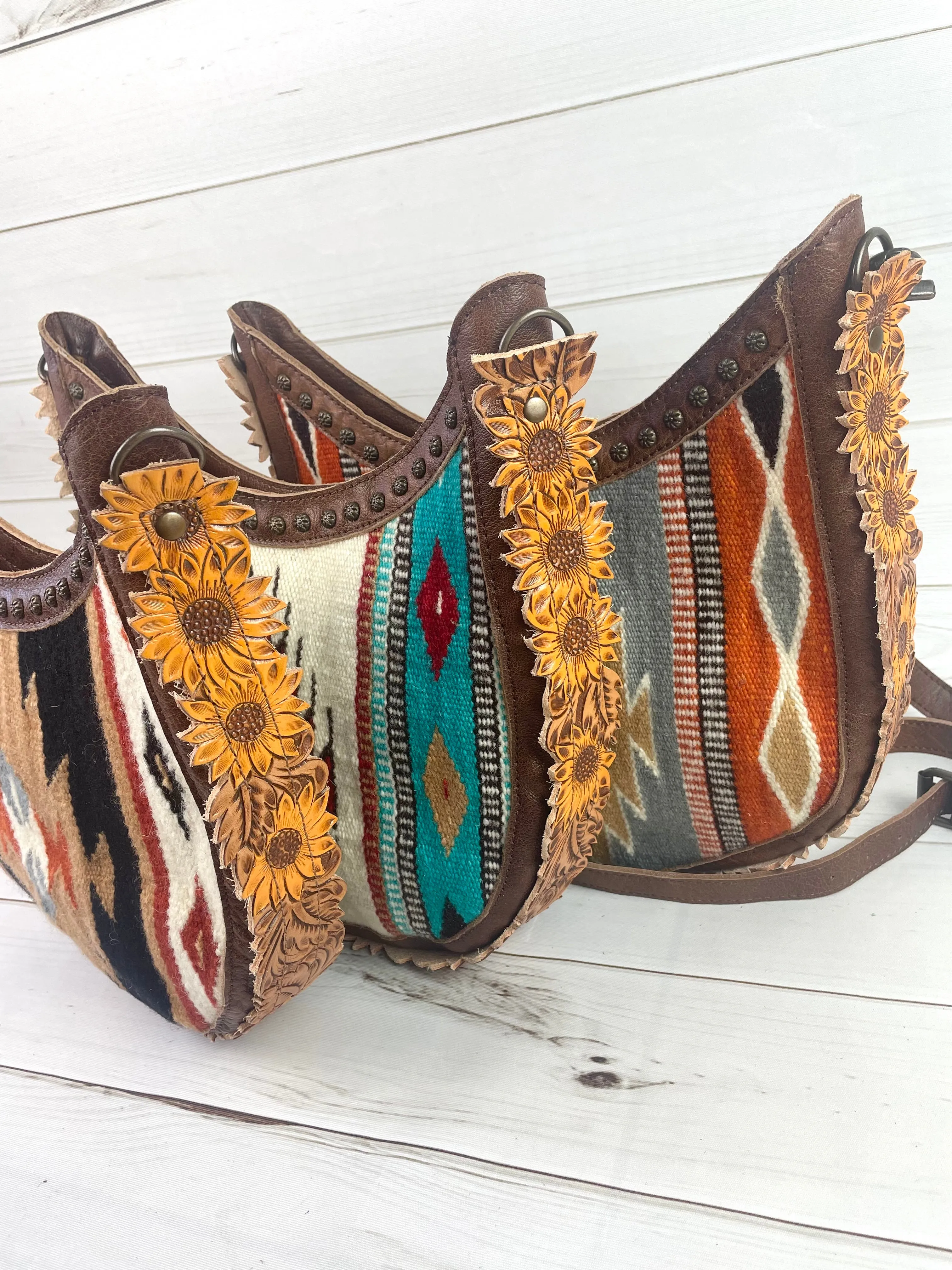 CLEARANCE! Wool Leather Sunflower Border Hobo Crossbody Bag