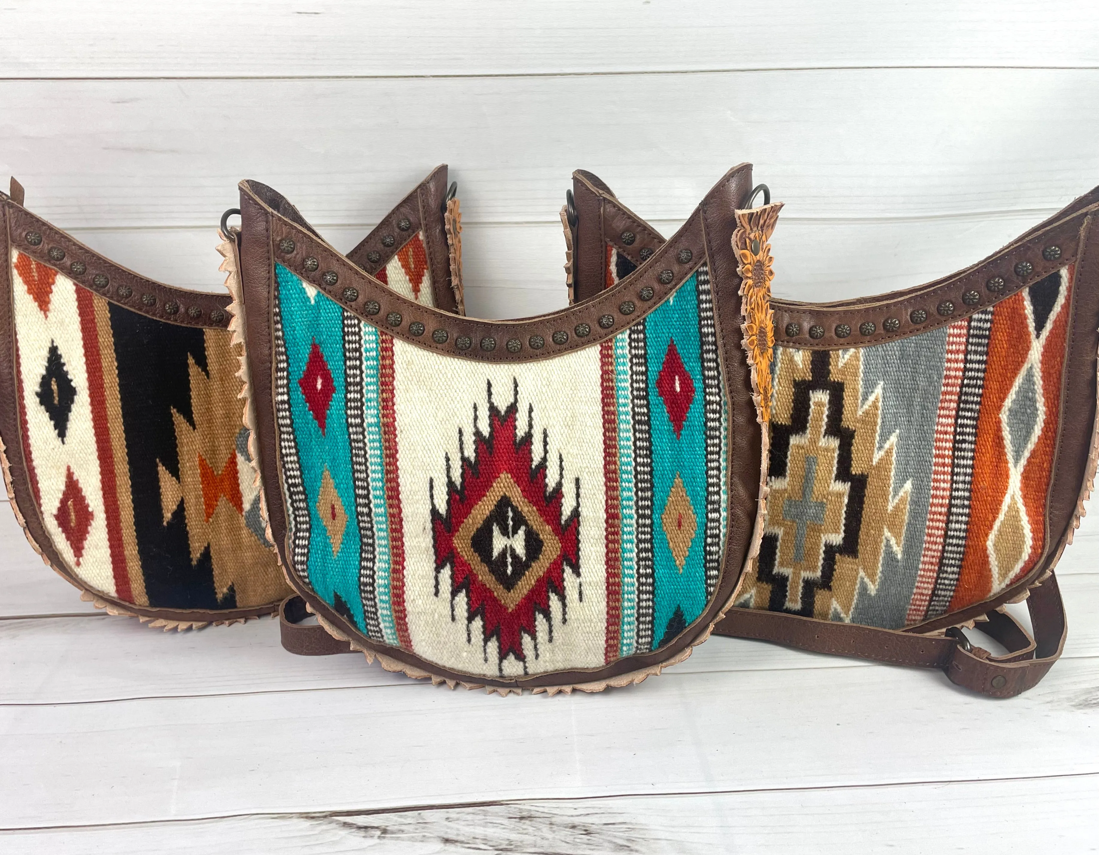 CLEARANCE! Wool Leather Sunflower Border Hobo Crossbody Bag