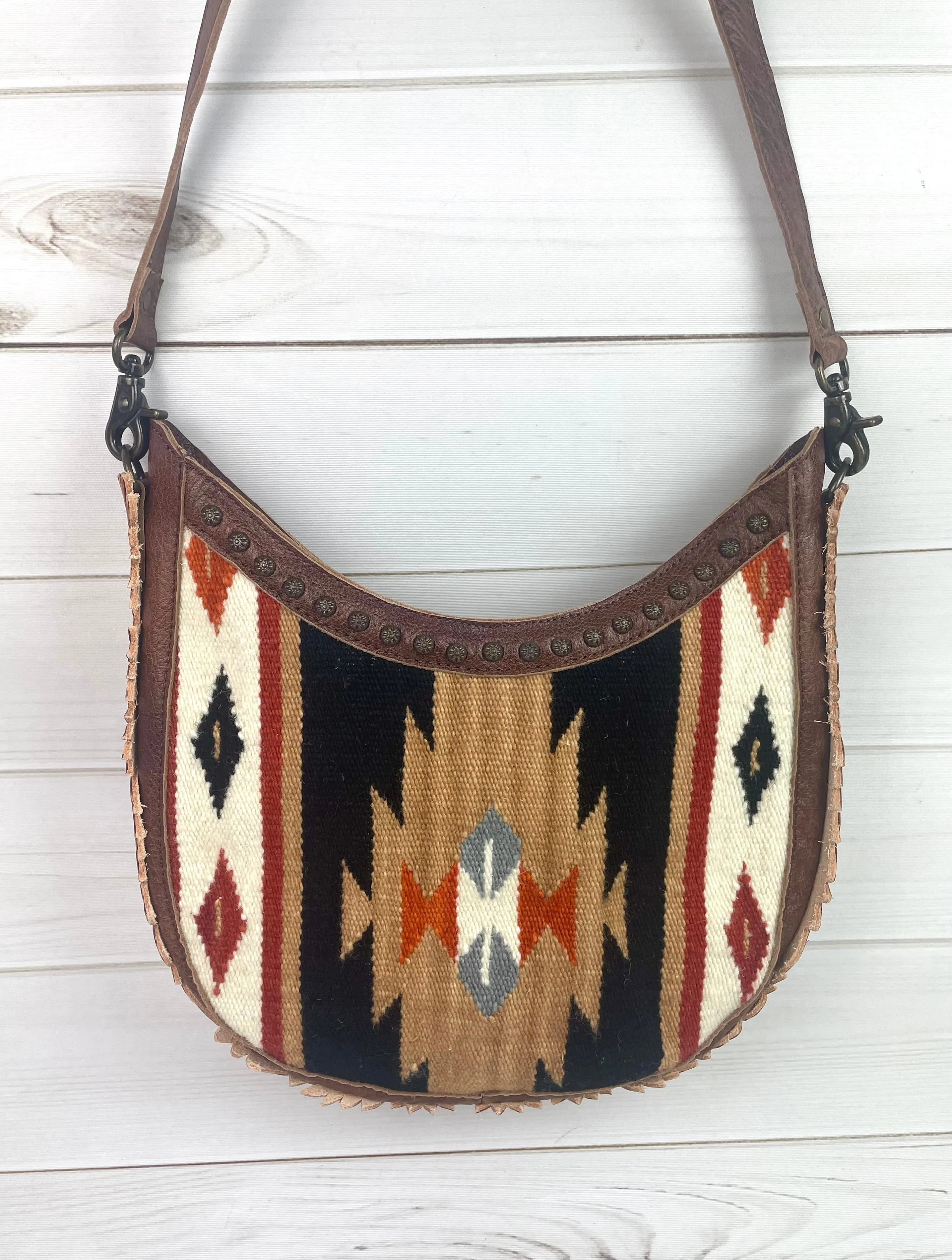CLEARANCE! Wool Leather Sunflower Border Hobo Crossbody Bag