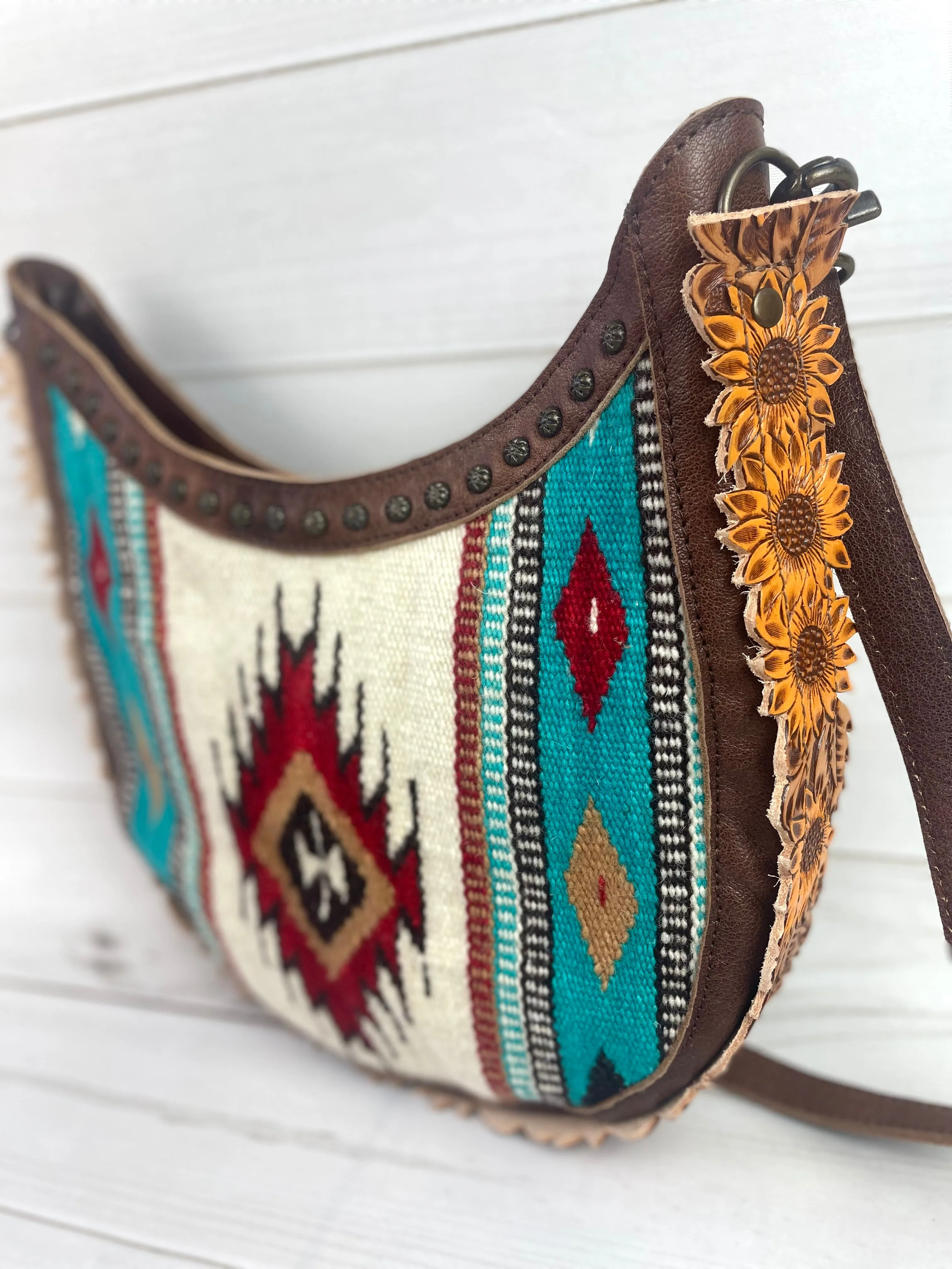 CLEARANCE! Wool Leather Sunflower Border Hobo Crossbody Bag