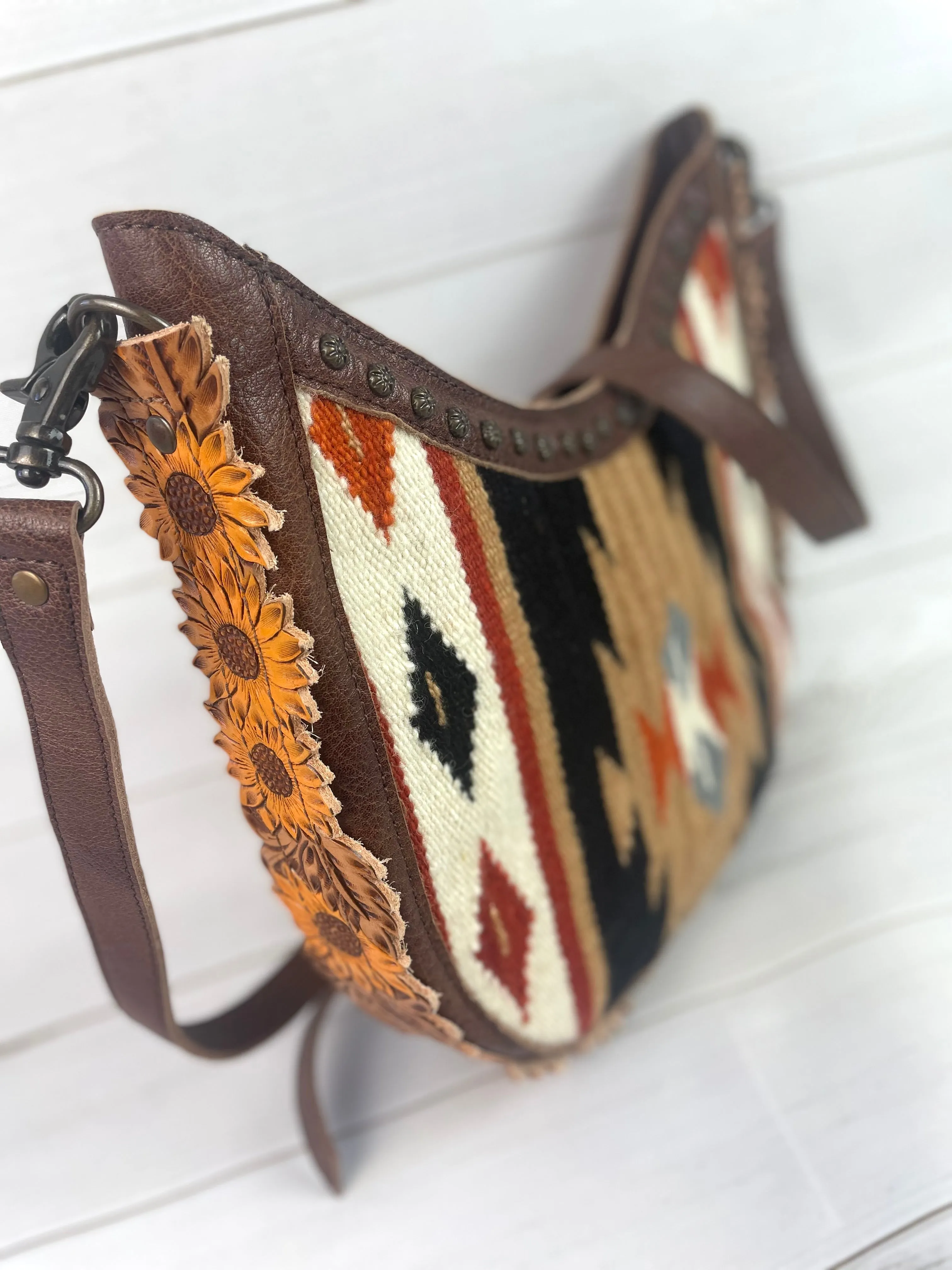 CLEARANCE! Wool Leather Sunflower Border Hobo Crossbody Bag