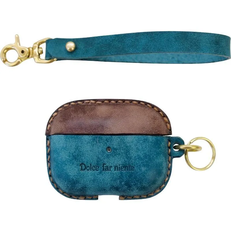 Coffee Leather AirPods Pro Case with Wristlet Strap Contrast Color Leather AirPods Case Airpod Case Cover