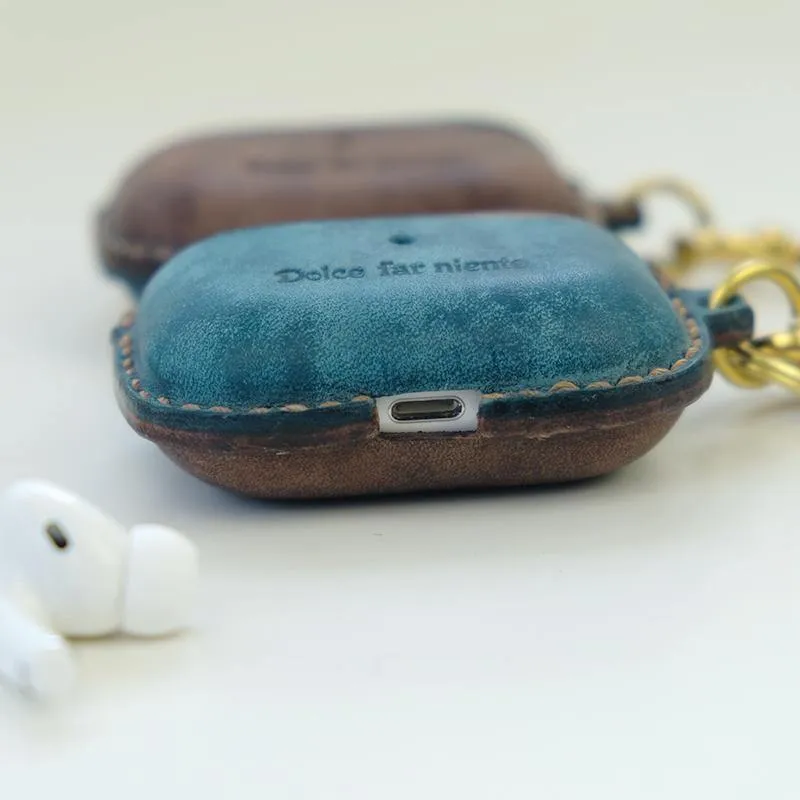 Coffee Leather AirPods Pro Case with Wristlet Strap Contrast Color Leather AirPods Case Airpod Case Cover