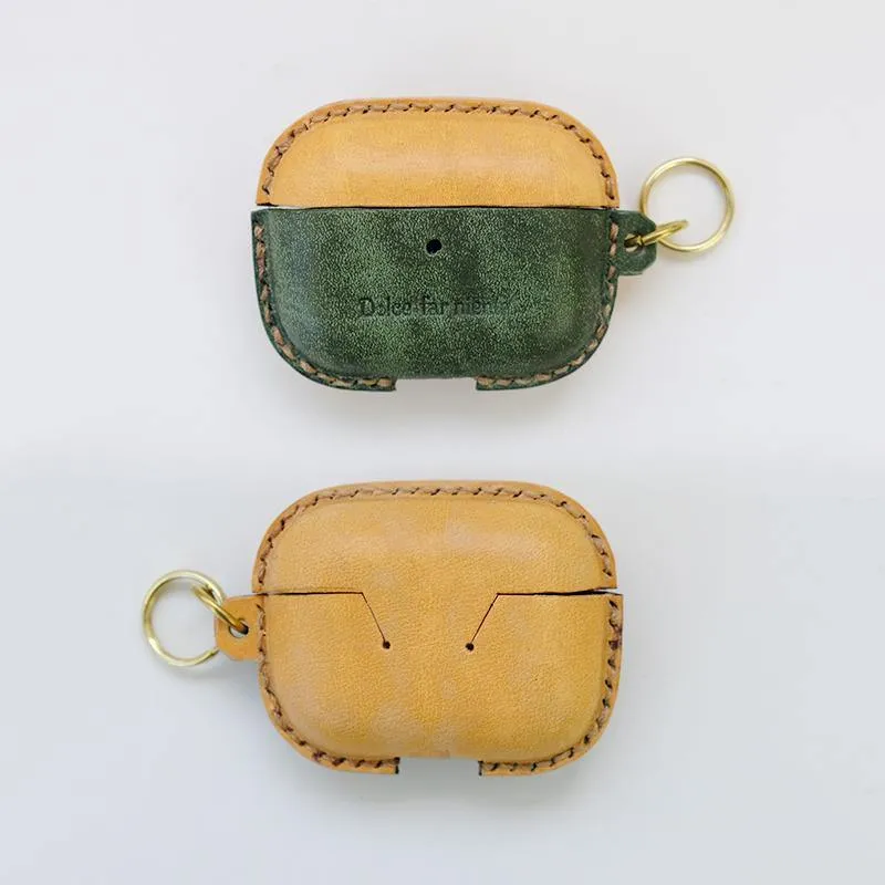 Coffee Leather AirPods Pro Case with Wristlet Strap Contrast Color Leather AirPods Case Airpod Case Cover