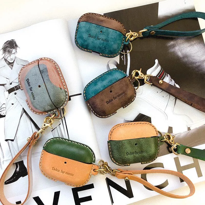 Coffee Leather AirPods Pro Case with Wristlet Strap Contrast Color Leather AirPods Case Airpod Case Cover