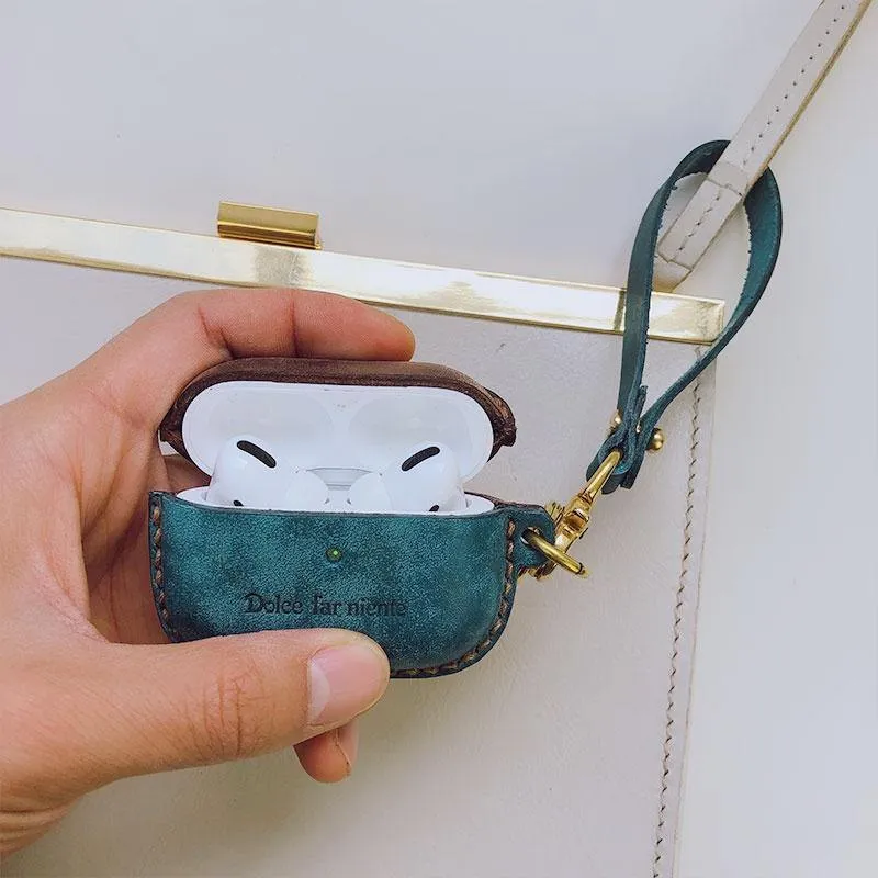 Coffee Leather AirPods Pro Case with Wristlet Strap Contrast Color Leather AirPods Case Airpod Case Cover