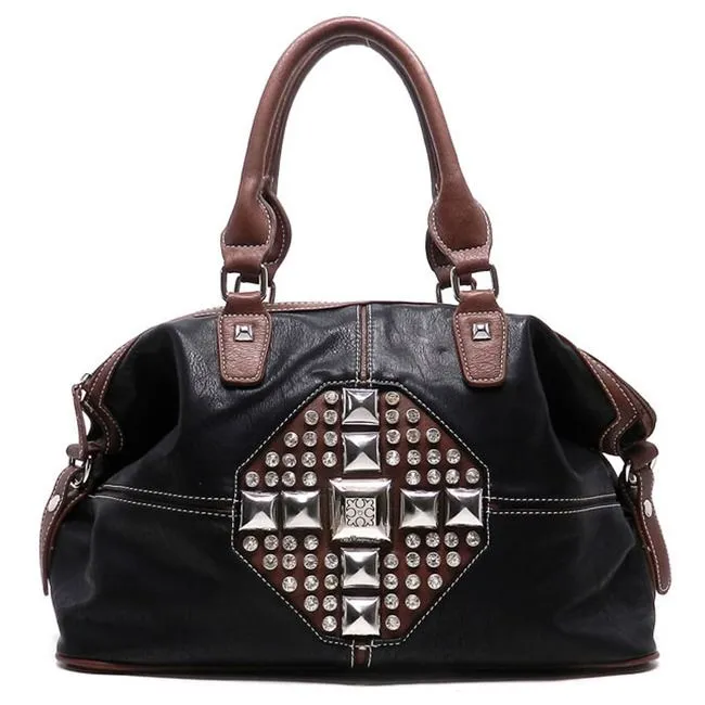 color block  bling shoulder handbag bag Black brown studs Rhinestone Silverake