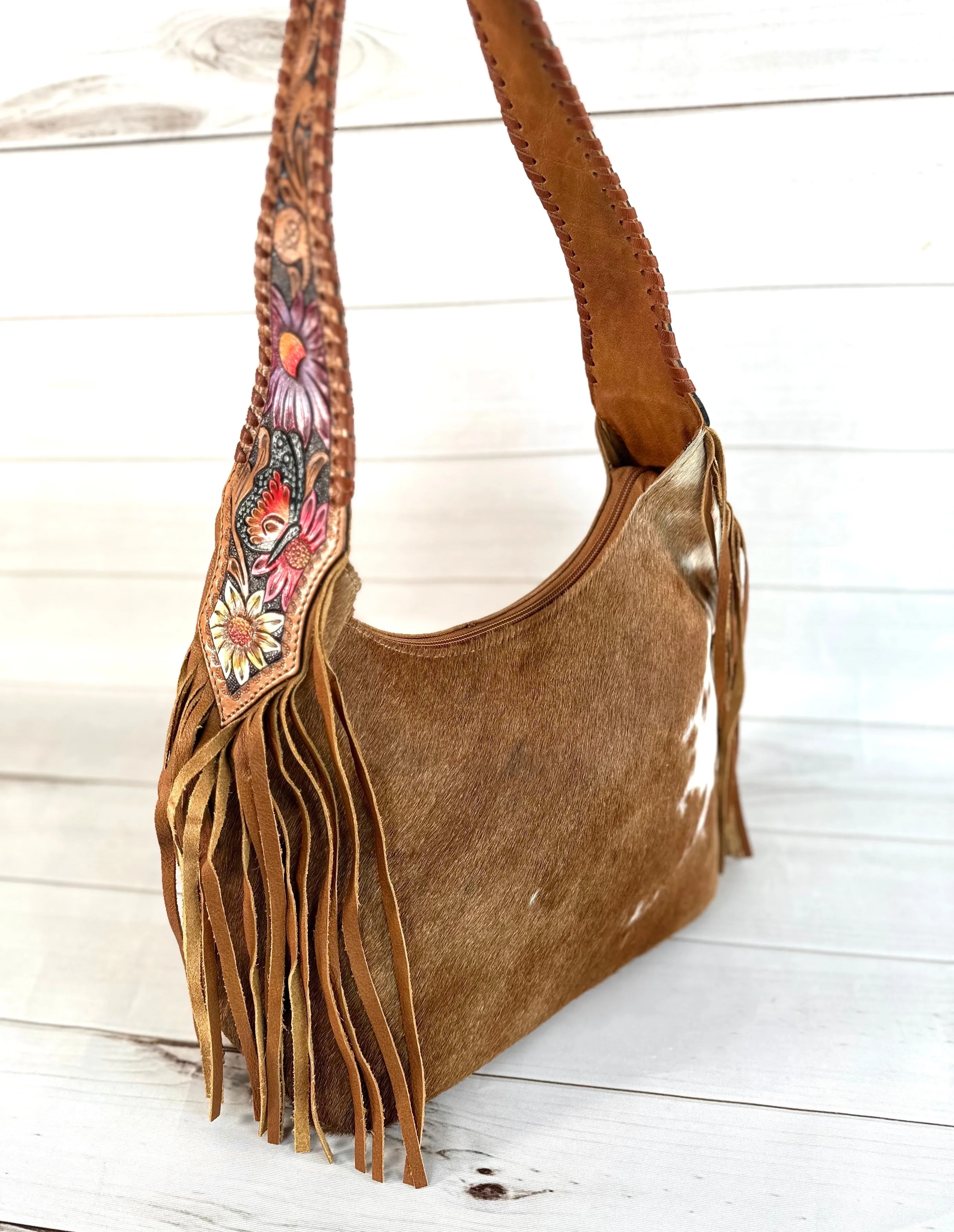 Colorful Floral Butterfly Strap Cowhide Hobo Bag