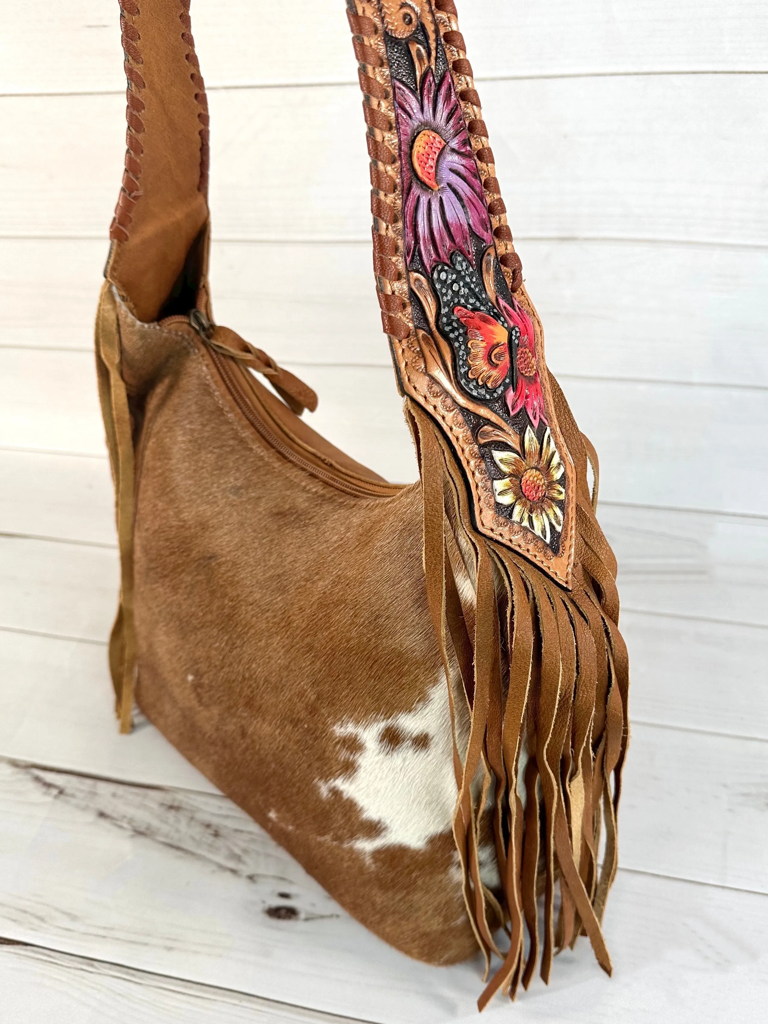 Colorful Floral Butterfly Strap Cowhide Hobo Bag