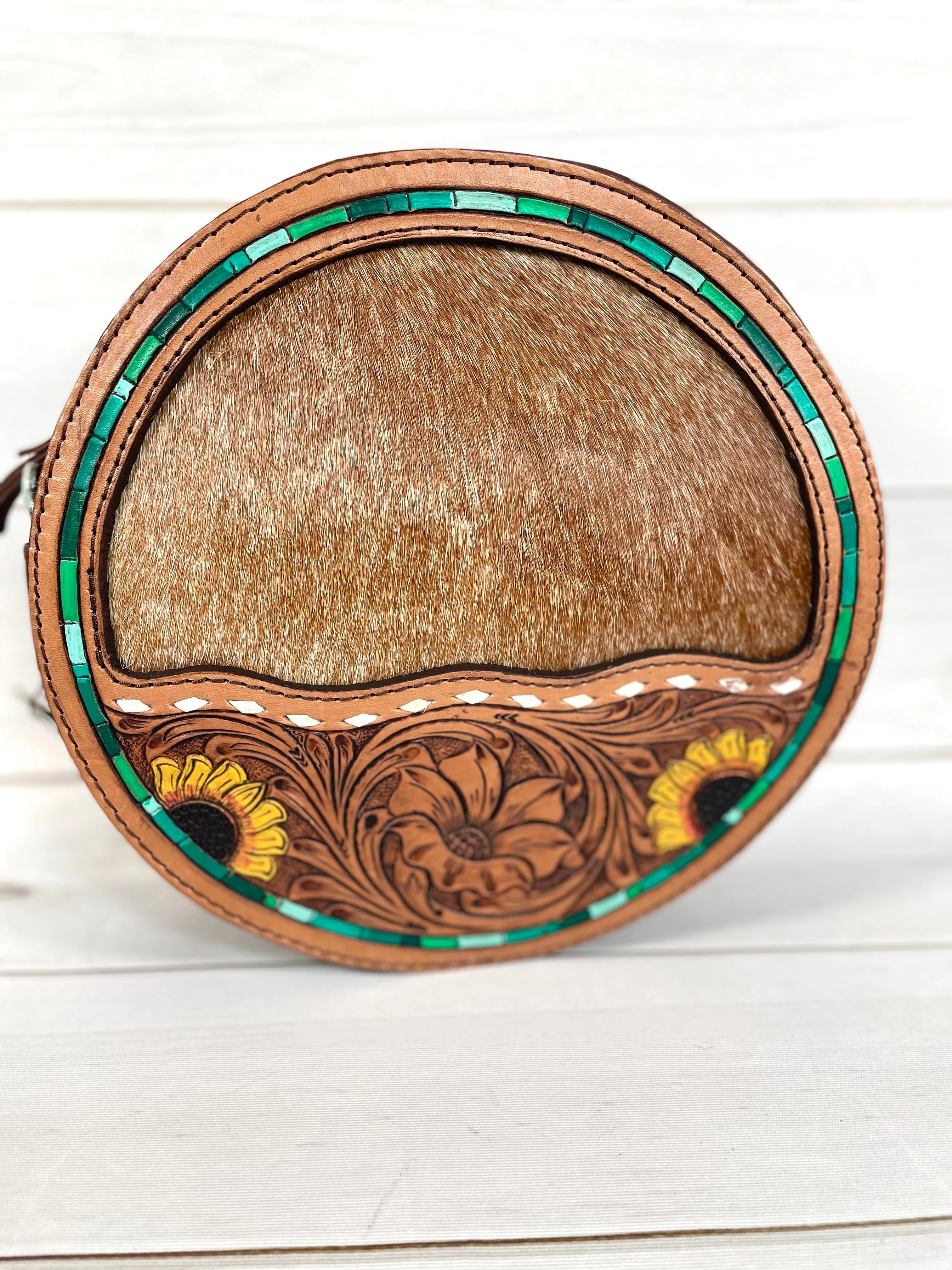 Cowhide and Sunflower Leather Tooled Round Canteen Crossbody Bag