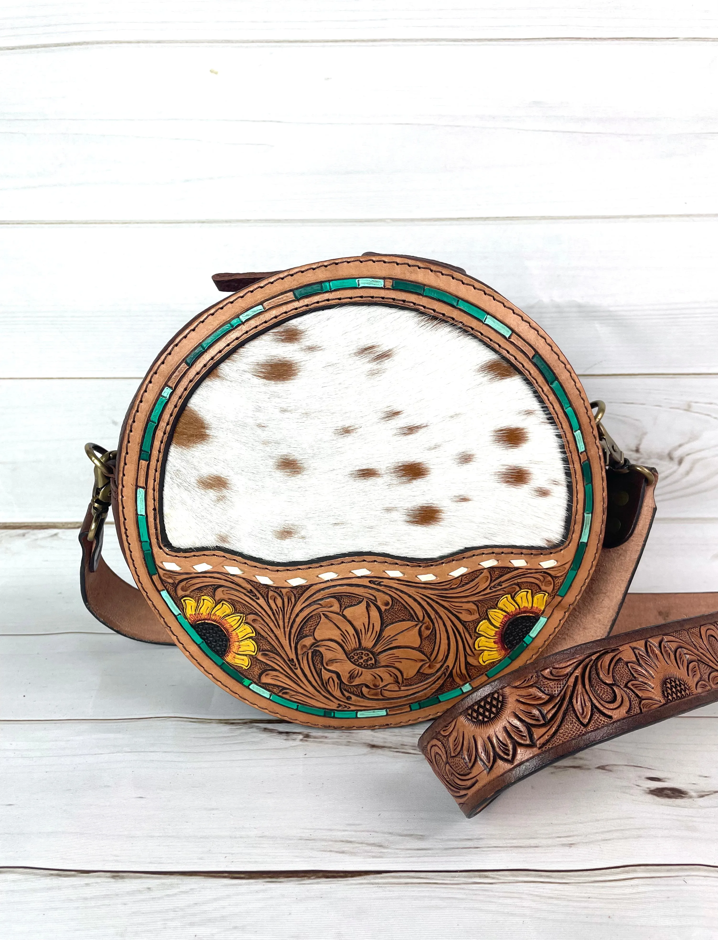Cowhide and Sunflower Leather Tooled Round Canteen Crossbody Bag
