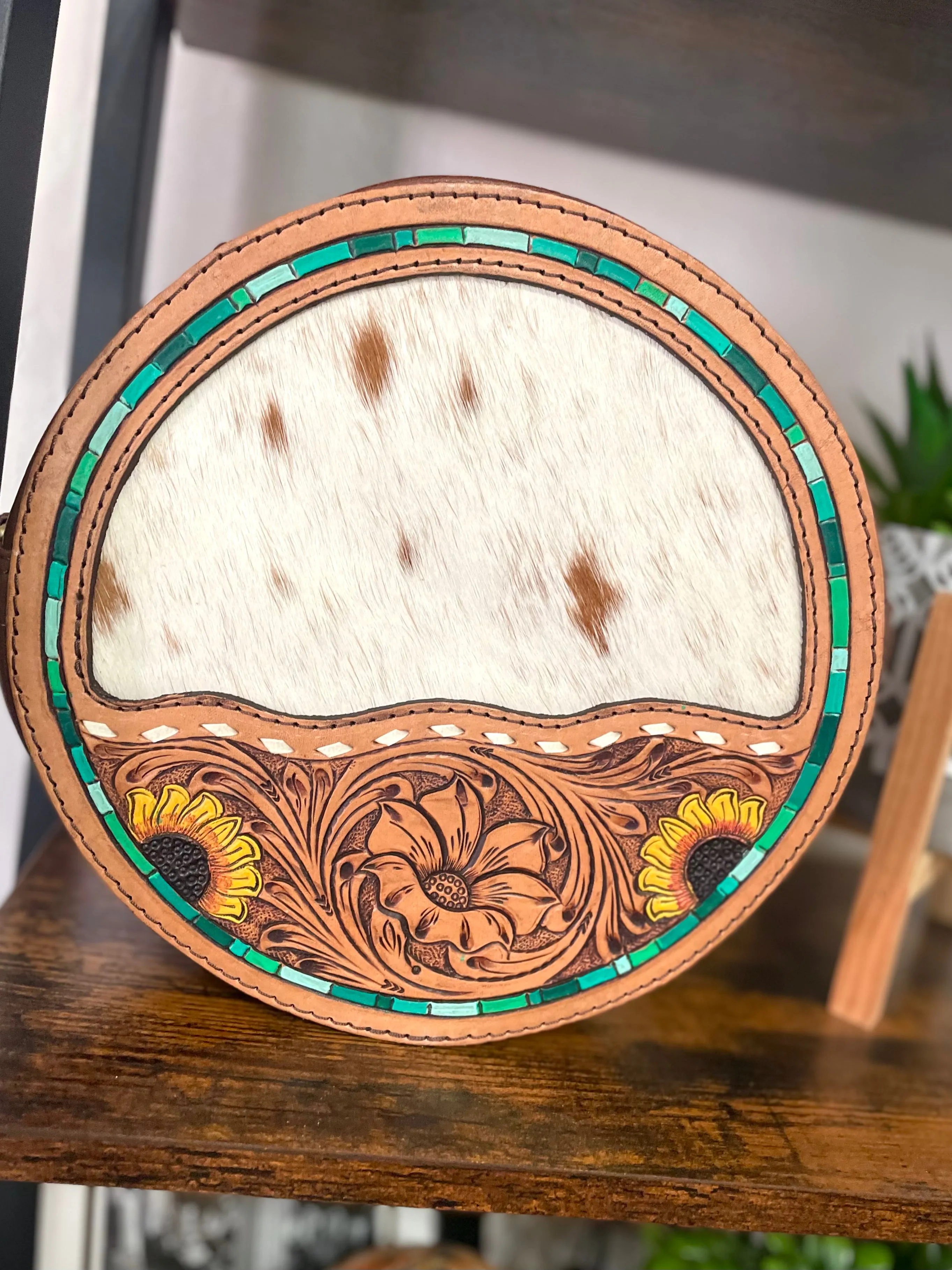 Cowhide and Sunflower Leather Tooled Round Canteen Crossbody Bag