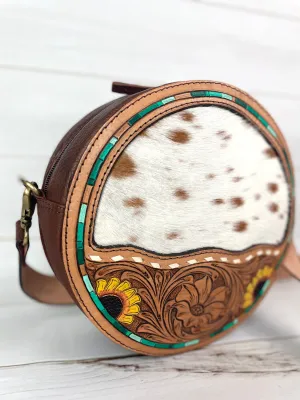 Cowhide and Sunflower Leather Tooled Round Canteen Crossbody Bag