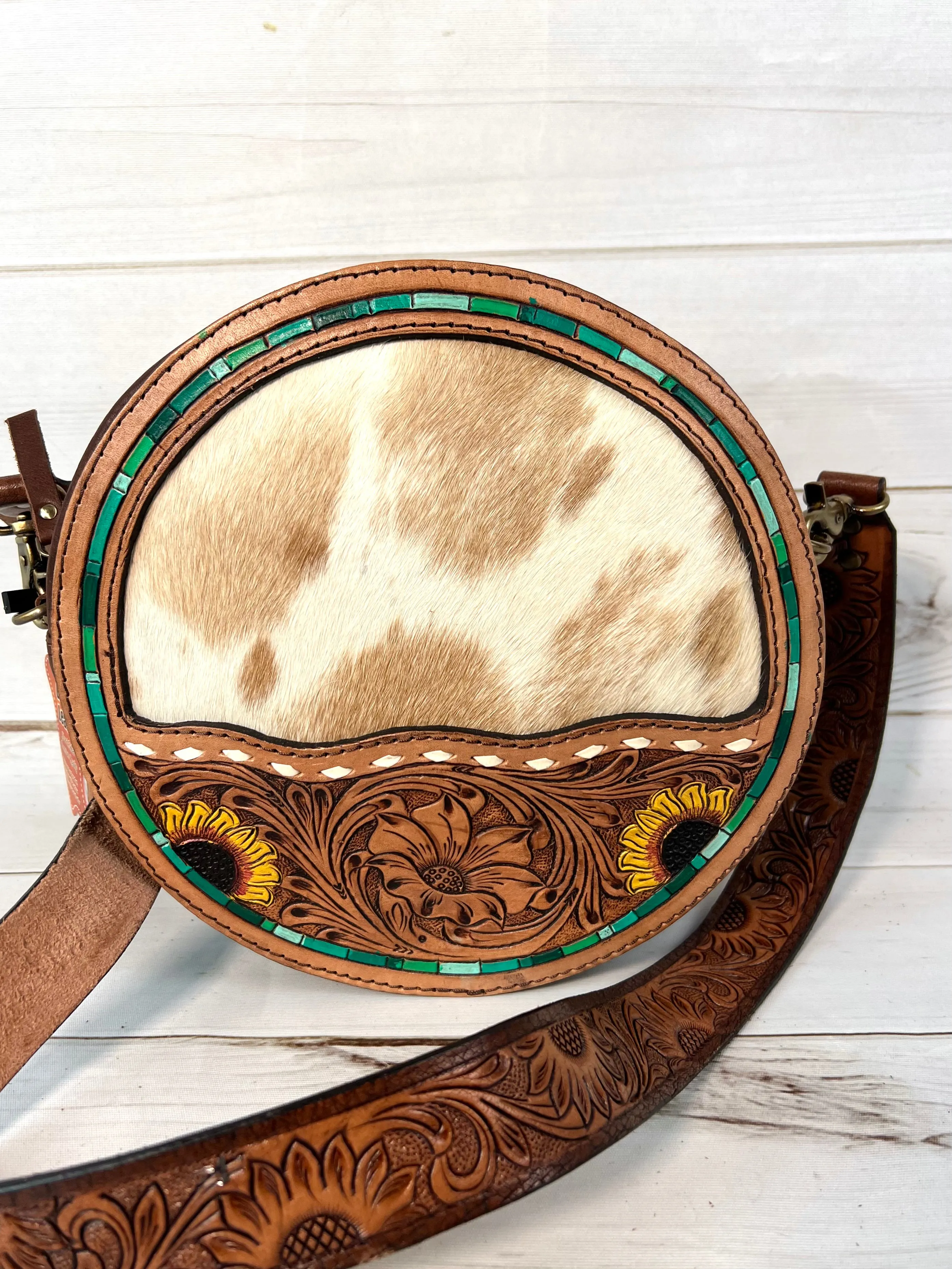 Cowhide and Sunflower Leather Tooled Round Canteen Crossbody Bag