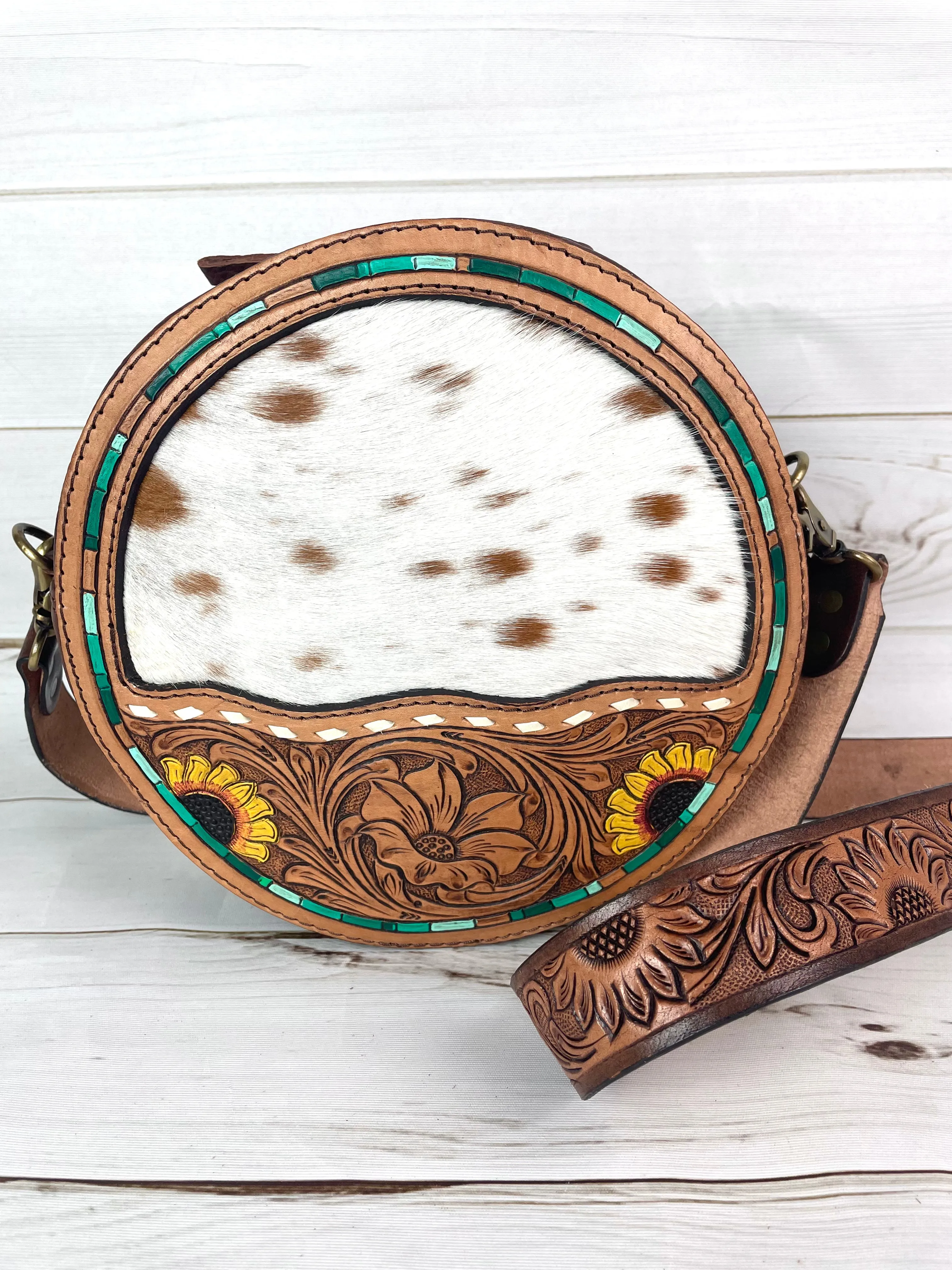 Cowhide and Sunflower Leather Tooled Round Canteen Crossbody Bag