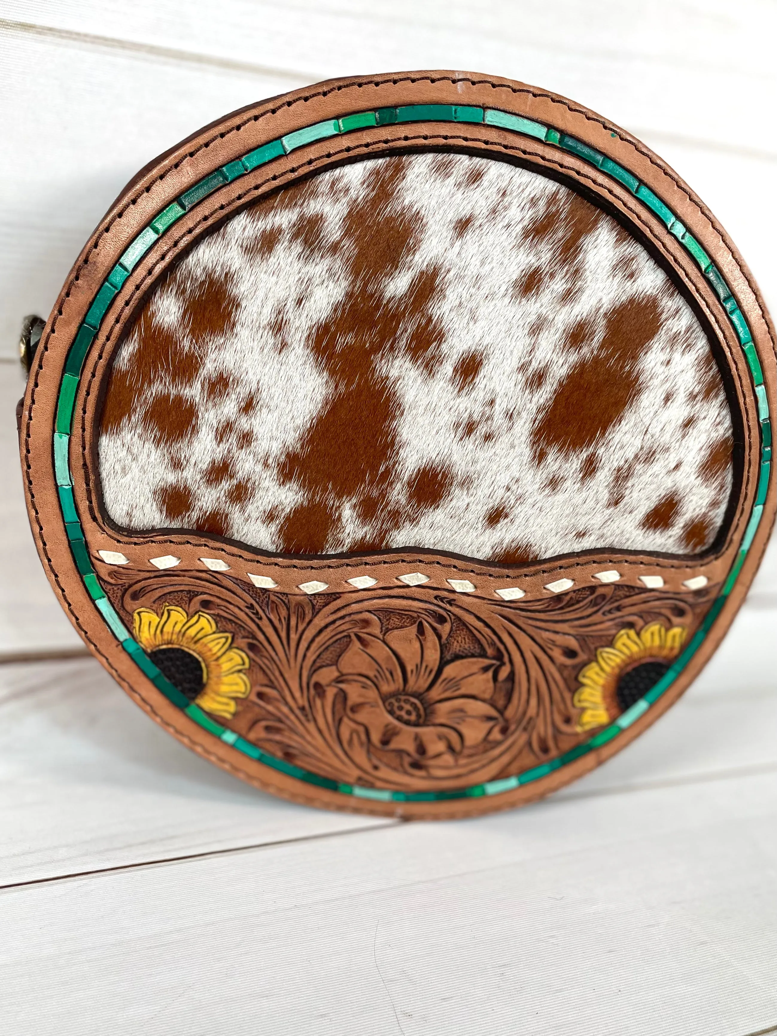 Cowhide and Sunflower Leather Tooled Round Canteen Crossbody Bag